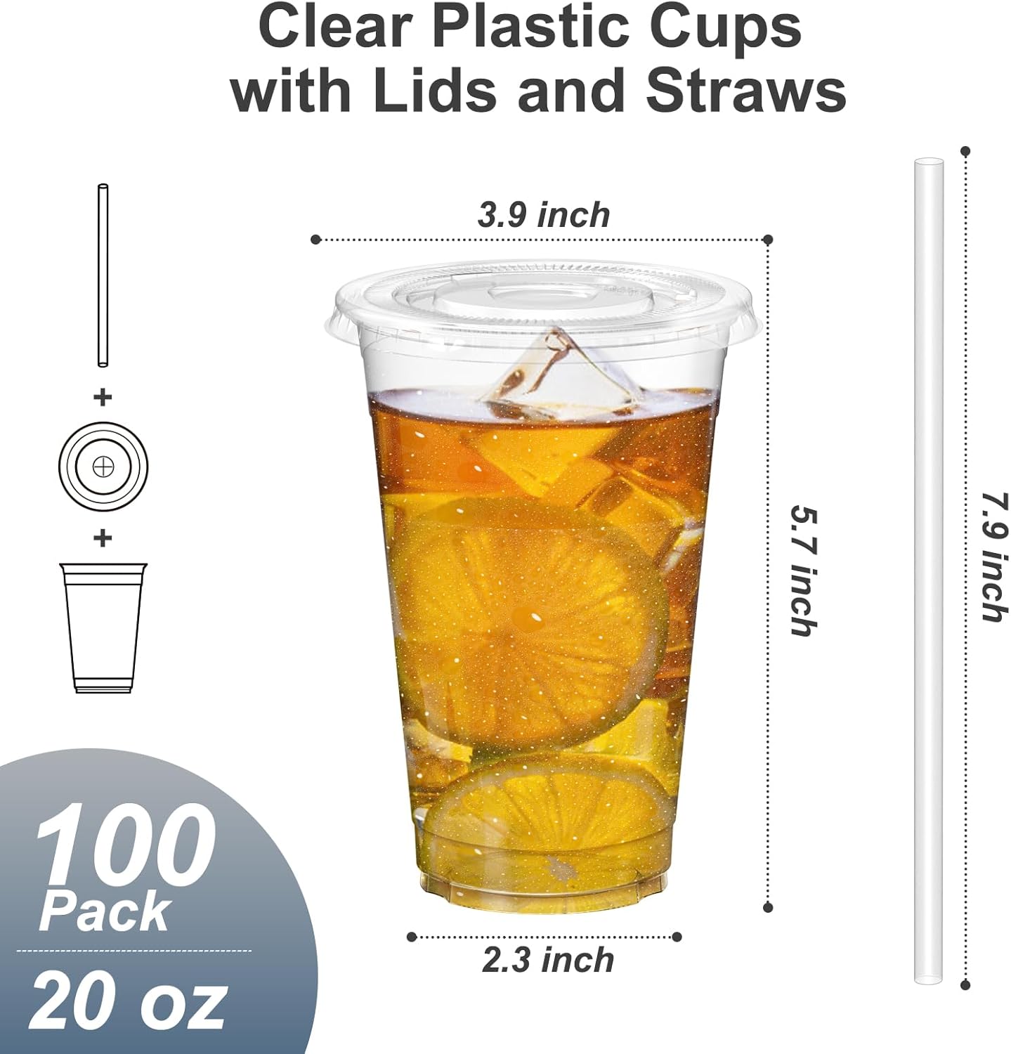 Dealusy 20oz Clear Cups w/ Lids & Straws – 100 Pack