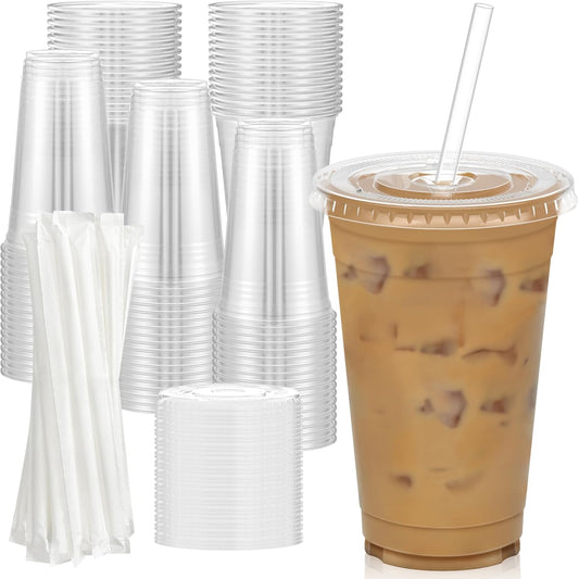 Dealusy 20oz Clear Cups w/ Lids & Straws – 100 Pack